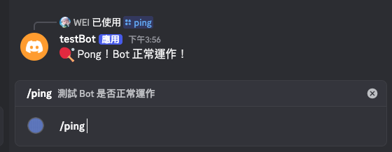 Discord 輸入 /ping 後 Bot 回覆 Pong